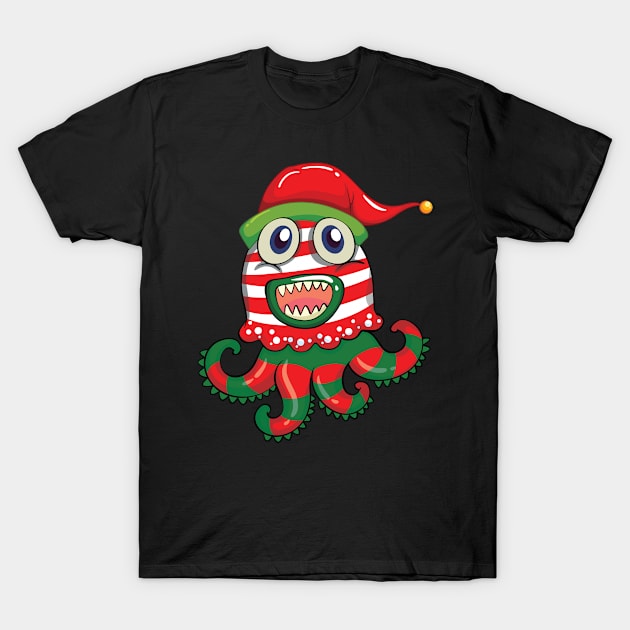 Christmas theme with monster in christmas hat T-Shirt by BenHQ